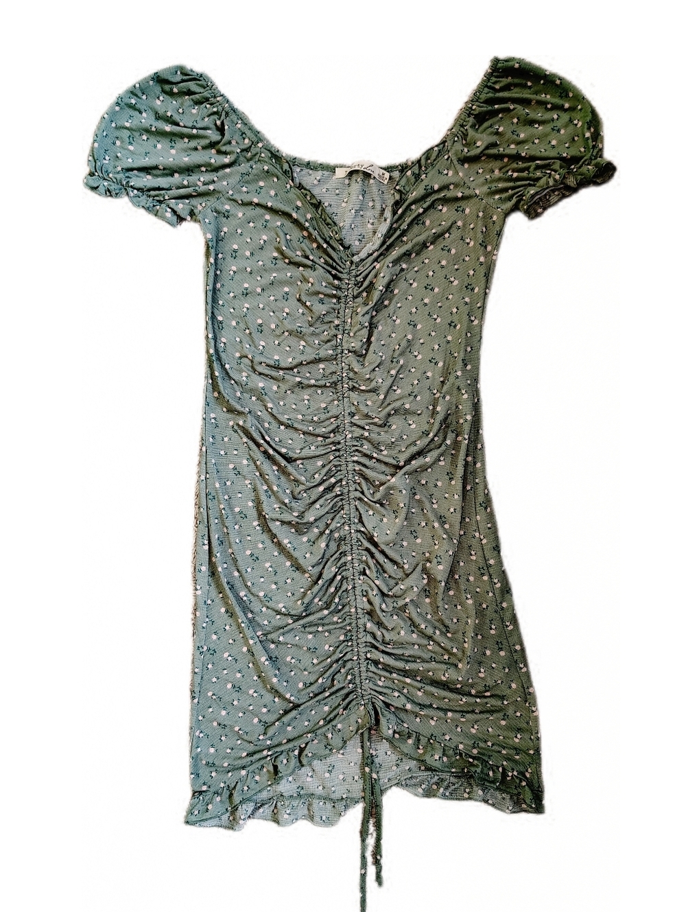 Liberty Love Olive Green Ruched Midi Dress with Tiny Floral Print